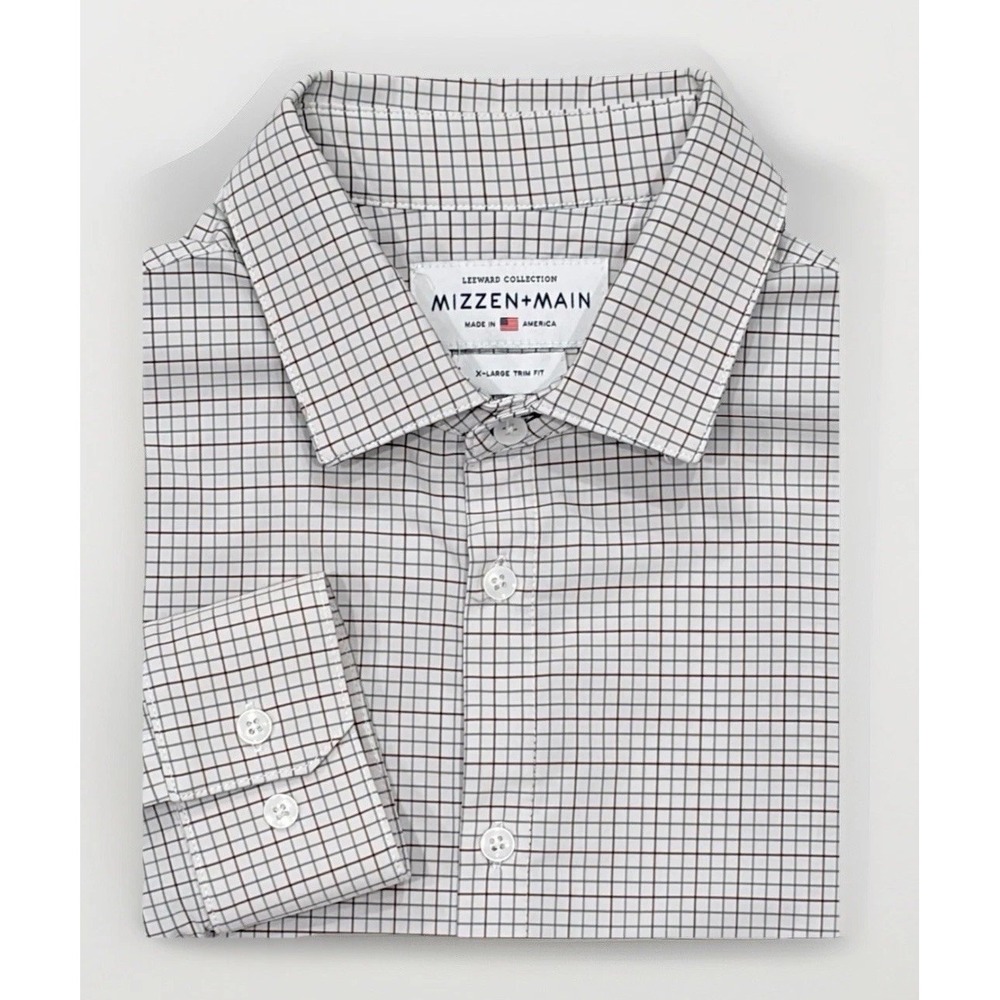 Mizzen+Main Mens XL Leeward Trim Fit Performance Plaid Dress Shirt White Blue